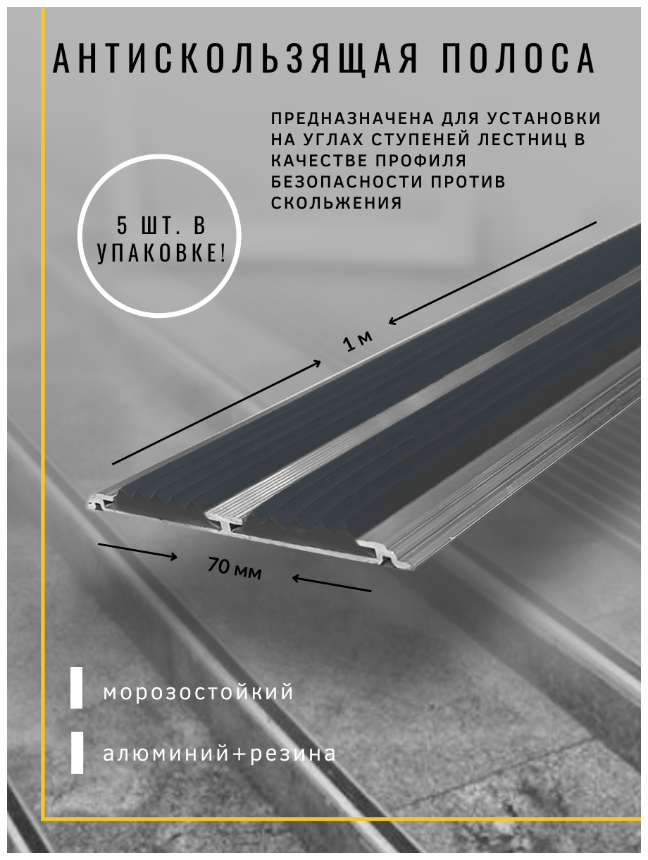 Алюминиевая Полоса-порог Евро 70 мм/5 мм с 2 серыми резиновыми вставками, длина 1 метр, 5 штук, накладка на порог, порог алюминиевый прямой