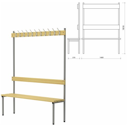 Скамья Надежда с вешалкой и спинкой, 1818х1480х370 мм, 11 крючков, дерево, металлокаркас