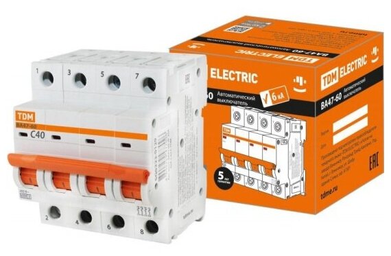 Автоматический выключатель Tdm Electric ВА47-60 4Р 40А 6кА х-ка С (SQ0223-0129)