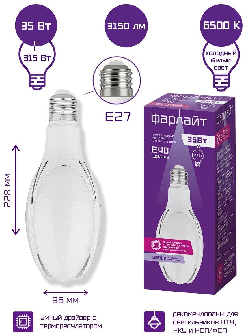Лампа светодиодная Фарлайт высокой мощности 360 35 Вт 6500 К Е27