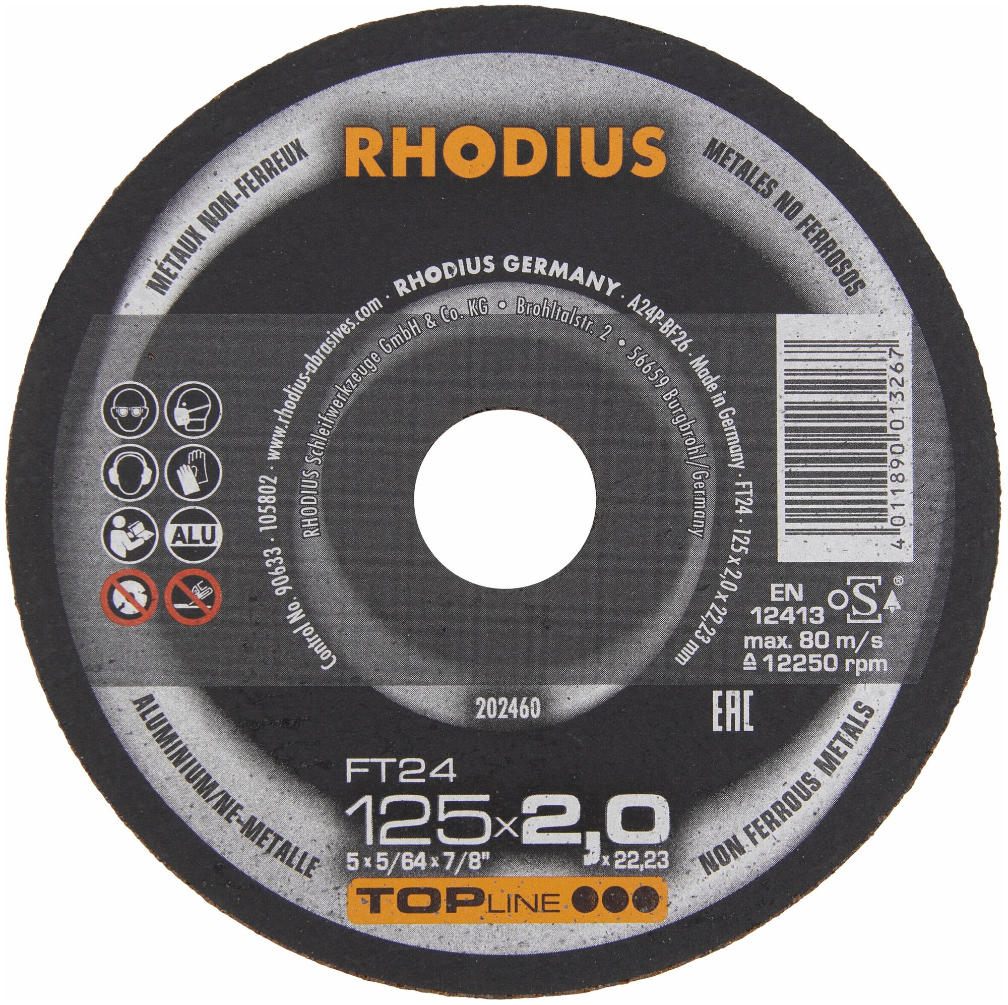 Отрезной прямой тонкий диск RHODIUS по стали XT67 для болгарки/УШМ, чистый рез без искр, 230 x 1,9 х 22,23 мм