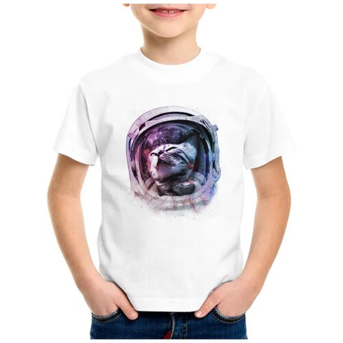 Детская футболка coolpodarok 30 р-р Котик в скафандре космос звезды