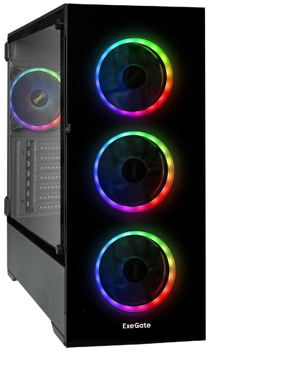 Корпус Miditower ExeGate i3 MAX (eATX, без БП, 2*USB+1*USB3.0, HD аудио, черный, 4 вент. 12см с RGB подсветкой, контроллер + ПДУ, ARGB MB кабель, пылевые фильтры, передняя и боковая панели - закаленное стекло) EX289024RUS