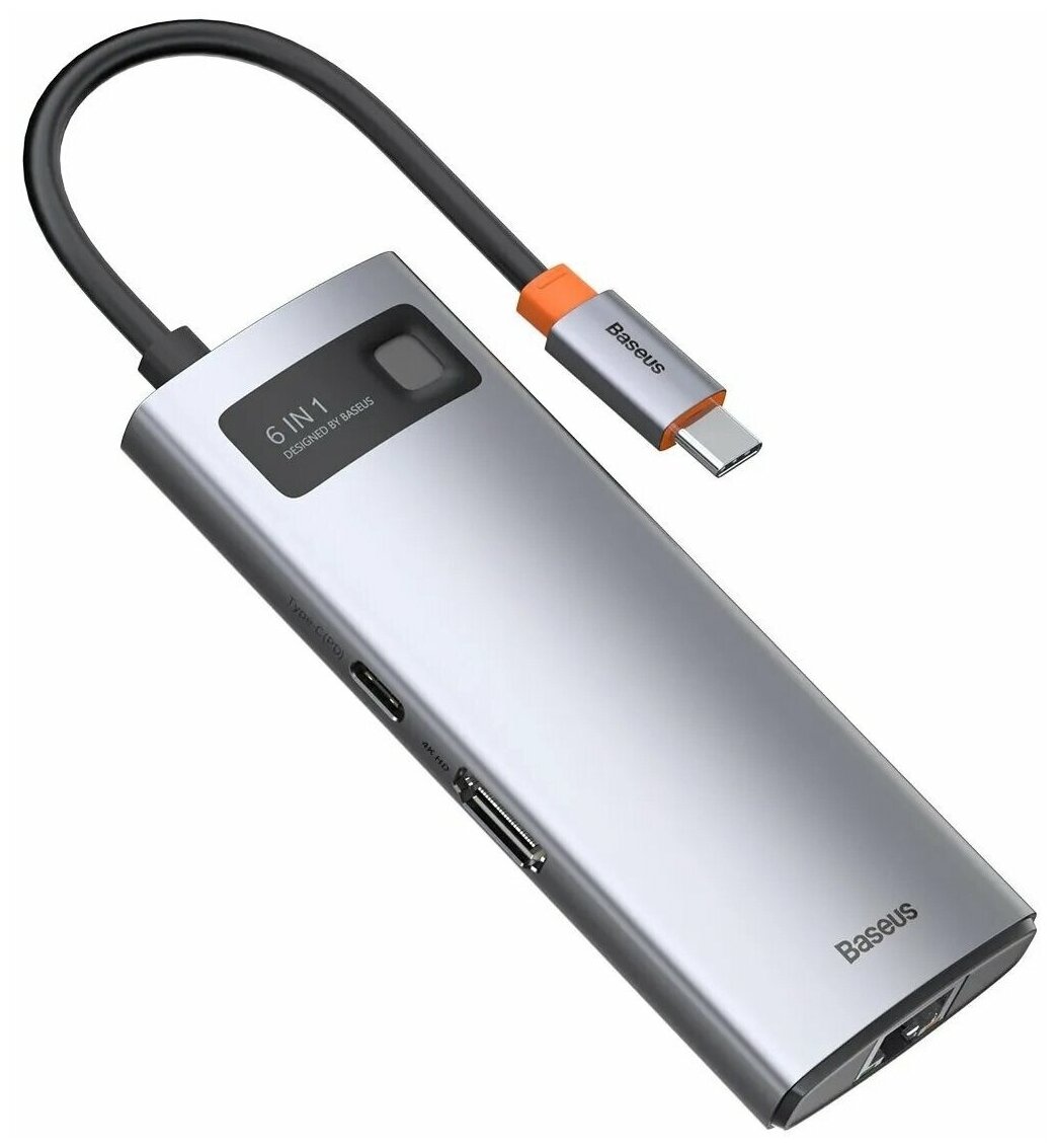 USB-концентратор Хаб Hub Baseus Metal Gleam Series 6 в 1 CAHUB-CW0G Space Grey Type-CPD HDMI RJ45 3xUSB 30