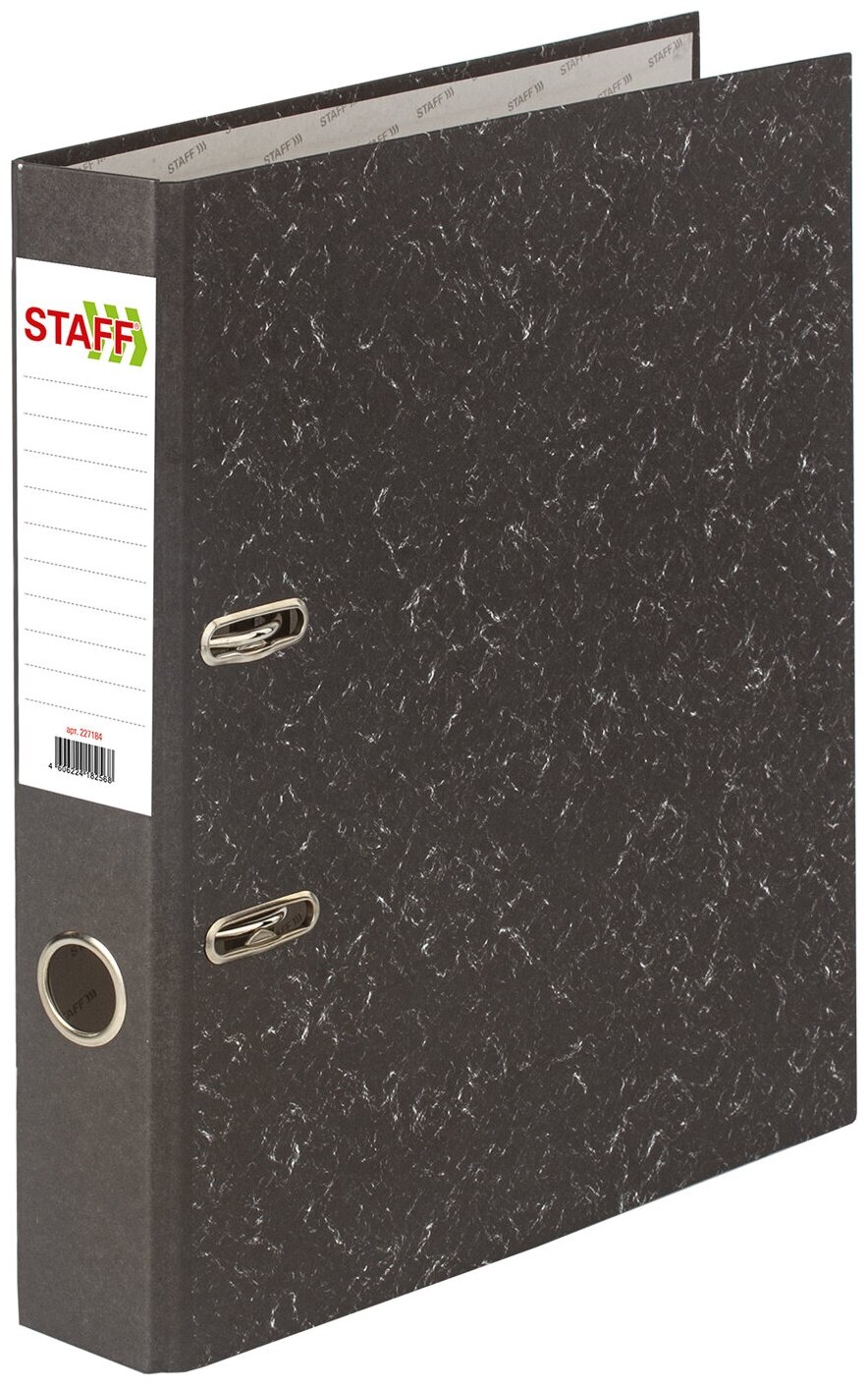 STAFF Папка-регистратор Бюджет с мраморным покрытием без уголка, А4, 50 мм, черный под мрамор - фото №1