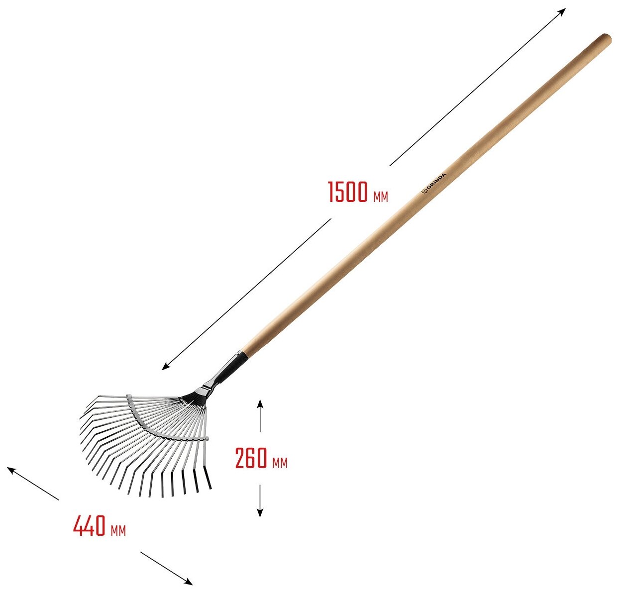 GRINDA 22 плоских зубца, 440х260х1500 мм, грабли садовые веерные, с деревянным черенком - фотография № 4