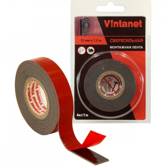 фото Лента монтажная сверхсильная клейкая двусторонняя VINTANET 1146, цвет черный, 12 мм х 1,5 м.