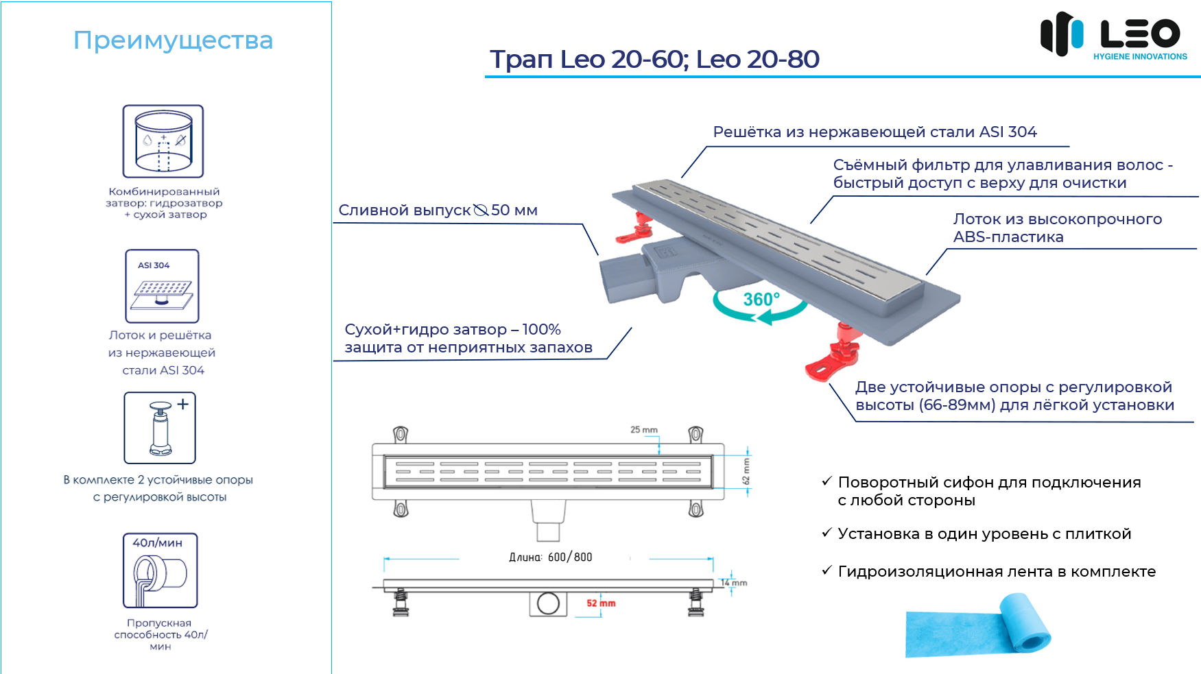 Душевой лоток Drain Leo-20 (800) Rgw - фото №5