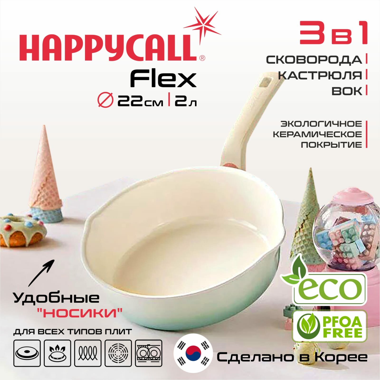 Сотейник Happycall Flex 3в1 22см MINT