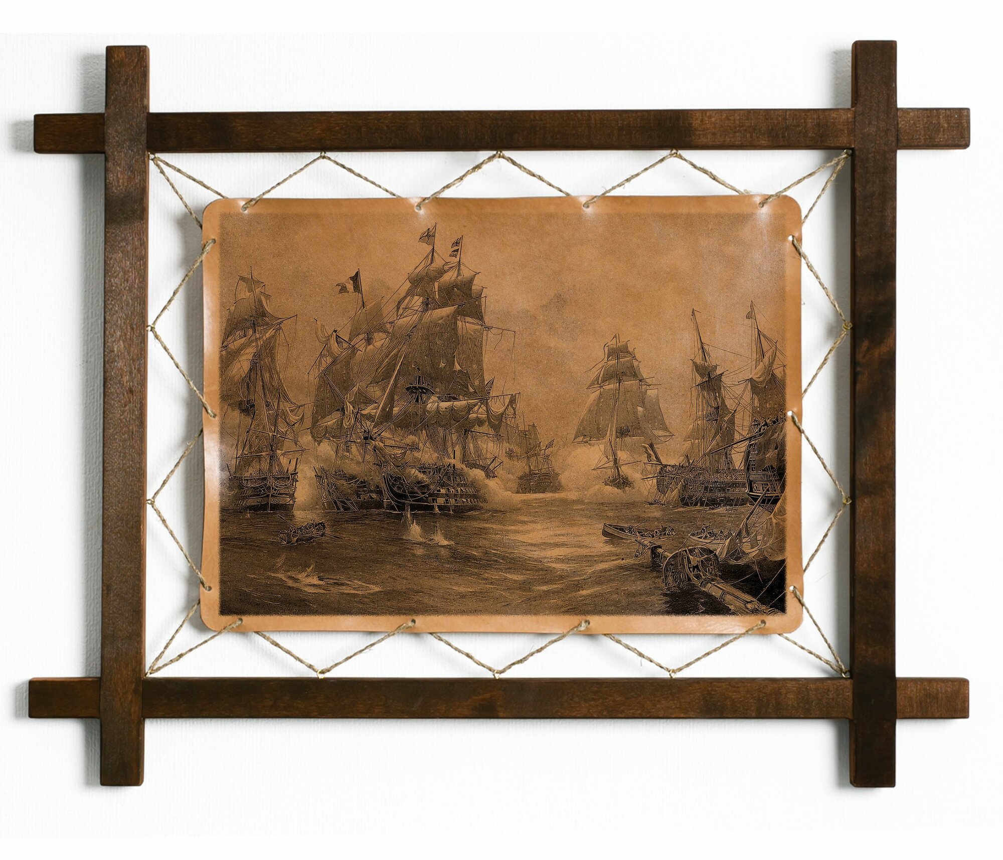 Картина интерьерная, натуральная кожа, "Морское сражение", в деревянной раме, BoomGift