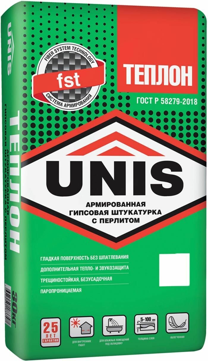 Юнис Теплон штукатурка гипсовая армированная (30кг) / UNIS Теплон армированная гипсовая штукатурка с перлитом (30кг)