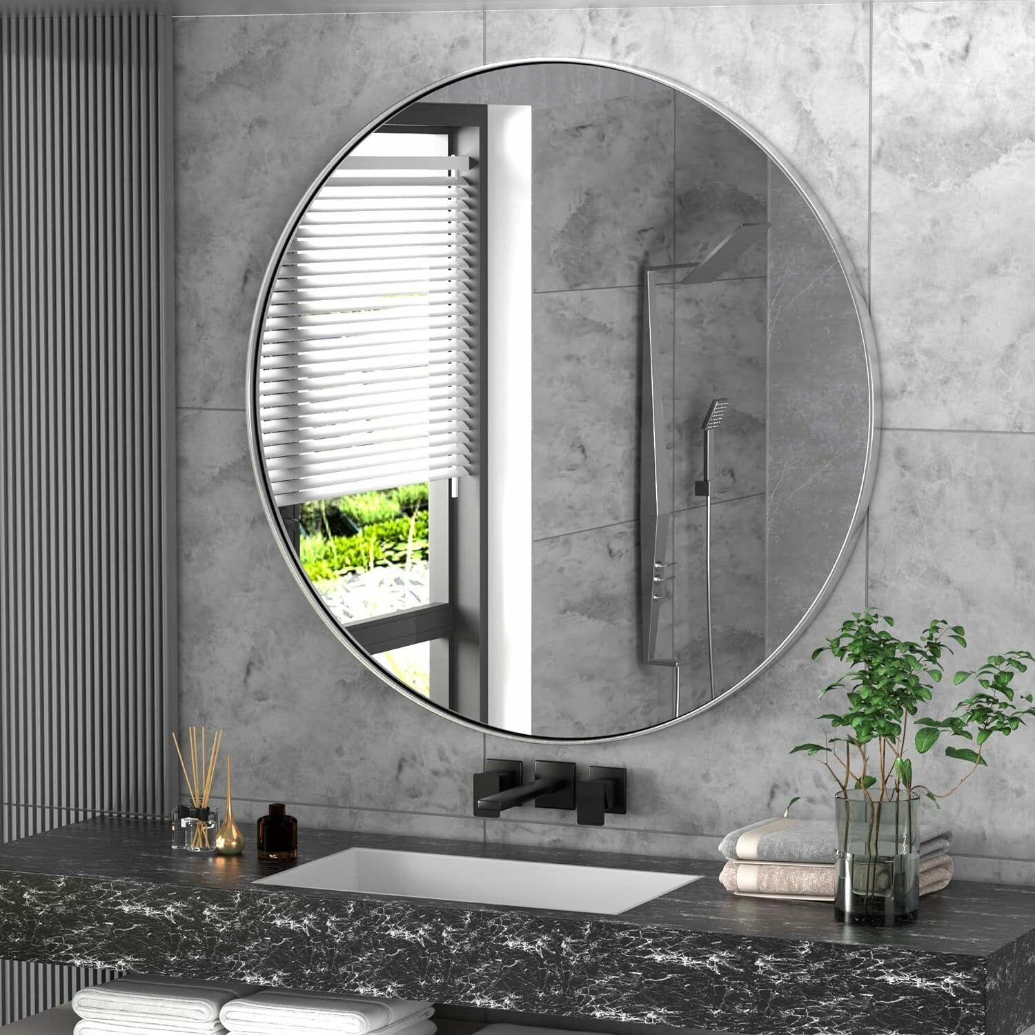 Зеркало круглое настенное 70 см для ванны, в алюминиевой раме, для бритья, TODA ALMA