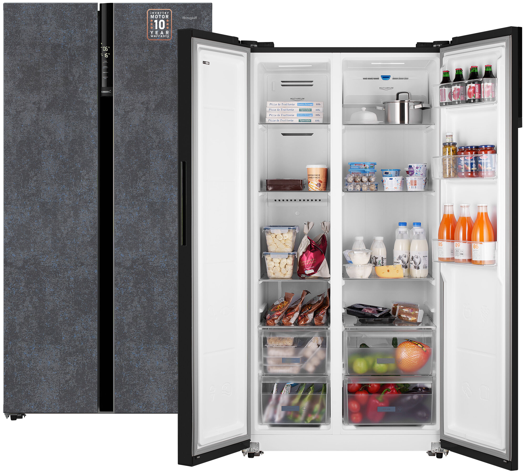 Отдельностоящий холодильник с инвертором Weissgauff Wsbs 600 NoFrost Inverter Rock Glass Side by Side двухдверный, 3 года гарантии, Мощность замораживания 12 кг сутки, Объём 584 л, Сенсорное управление, Цифровой дисплей, LED освещение, A++