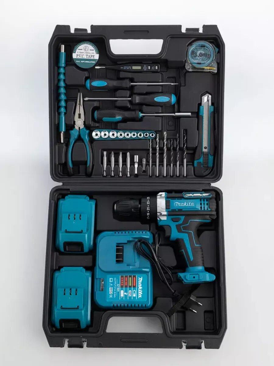 фото Аккумуляторная дрель-шуруповерт 21V, в кейсе с набором оснастки + 2 аккумулятора и перчатки в подарок