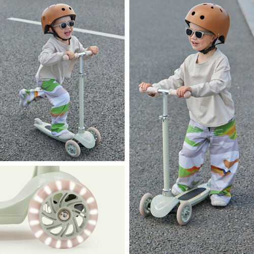 50035, Самокат Happy Baby TORNADO V2, со светящимися колесами, высота руля регулируется, со стикерами и корзиной, зеленый