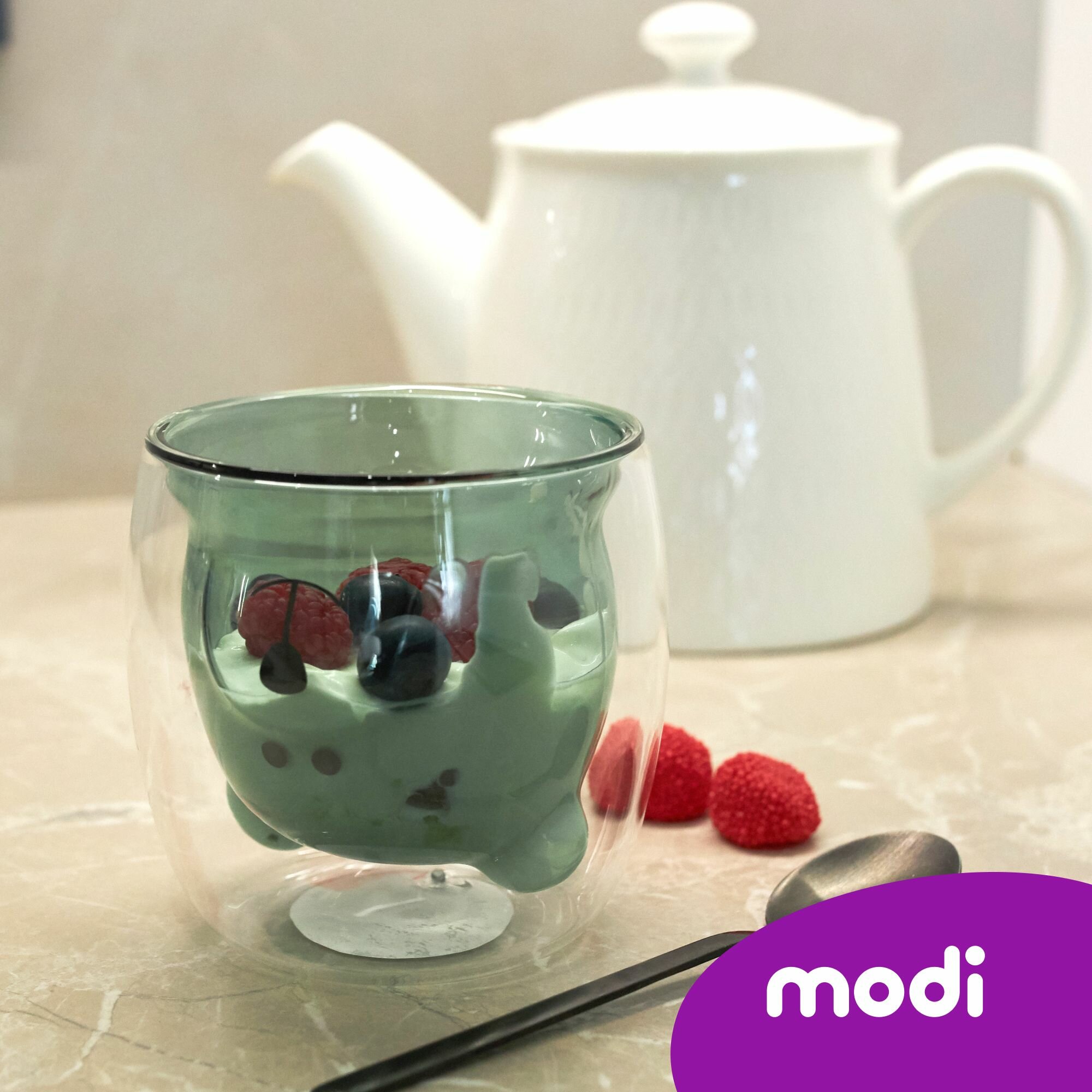 Стакан Modi "Мишка", двойные стенки, 250 мл, голубой/зеленый — фото 1