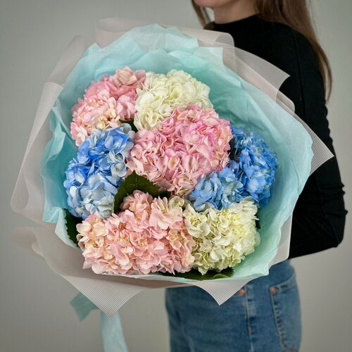 Изображение товара Букет из 7 гортензий микс в стильной упаковке. «365 Поводов» - живые цветы с доставкой