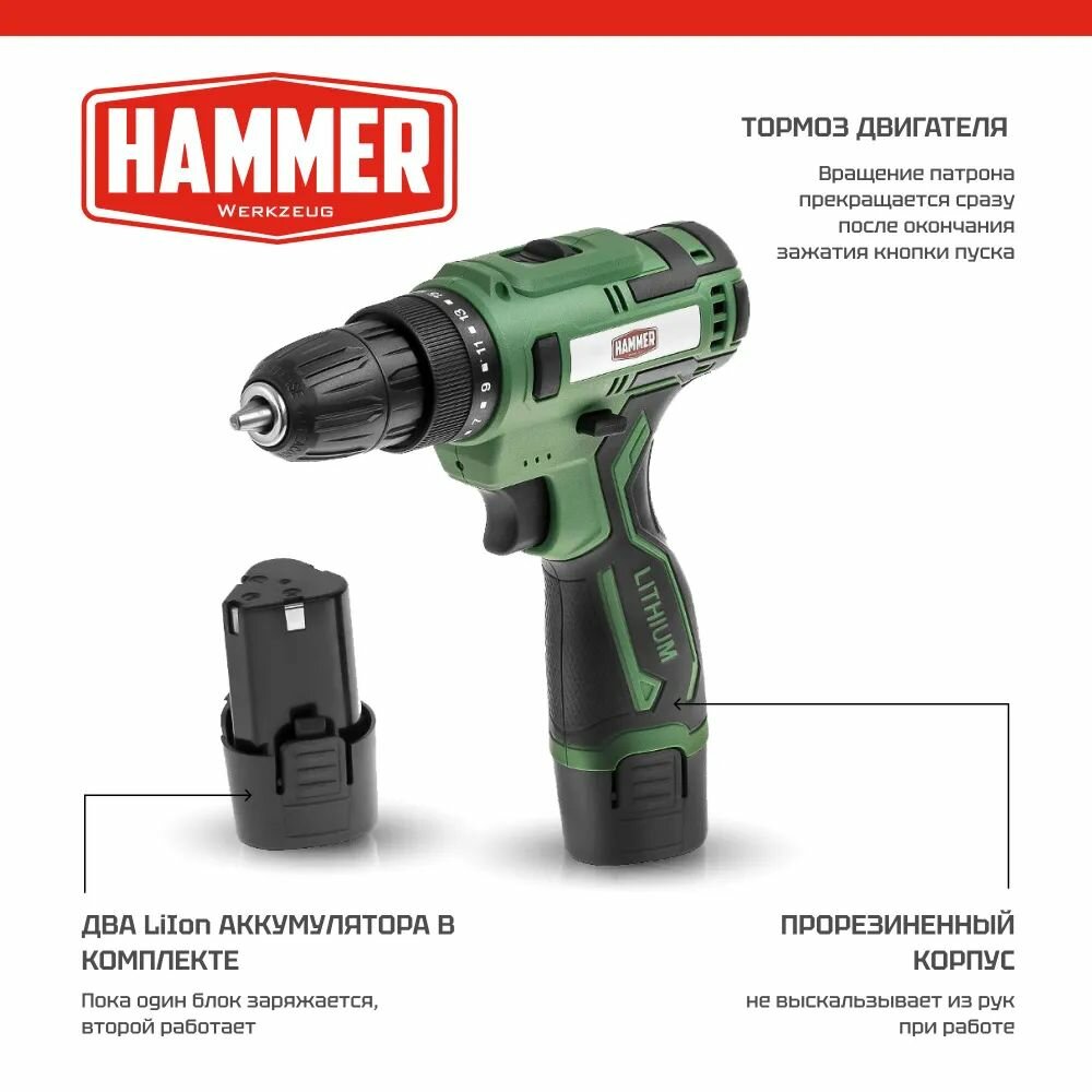 Шуруповерт аккумуляторный HAMMER ACD12/2С, 2 акк. Li-ion 1.5Ач, В кейсе, 12В, 26 Нм — фото 1