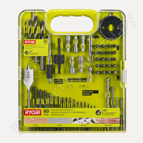 Изображение товара Набор сверл и бит Ryobi RAKDD60, сверления и закручивания, спиральные сверла, односторонние бит, держатель бит