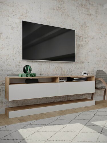 Изображение товара Тумба под телевизор подвесная Интериория, с подсветкой, 130х30х40 см Дуб Крафт золотой/Белый