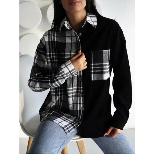 фото Рубашка lady gina вельветовая в клетку оверсайз, размер 42-44, серый, черный, белый