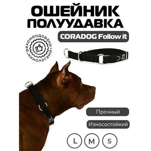 Ошейник-полуудавка, мартингейл, CORADOG Follow it, для средних и крупных собак, черный, размер L 42-65 см, ширина 2,5 см