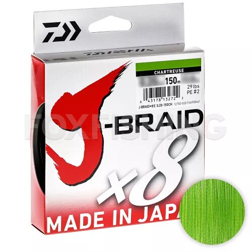 Плетёный шнур Daiwa J-braid X8 0,06мм. PE-0.6 4кг. 150м. Chartreuse