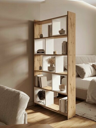 Изображение товара Стеллаж деревянный для игрушек, для книг, стеллаж-перегородка напольный, Рэймо, Белый/Дуб Вотан, (ШхВхГ) 90х180х21 см