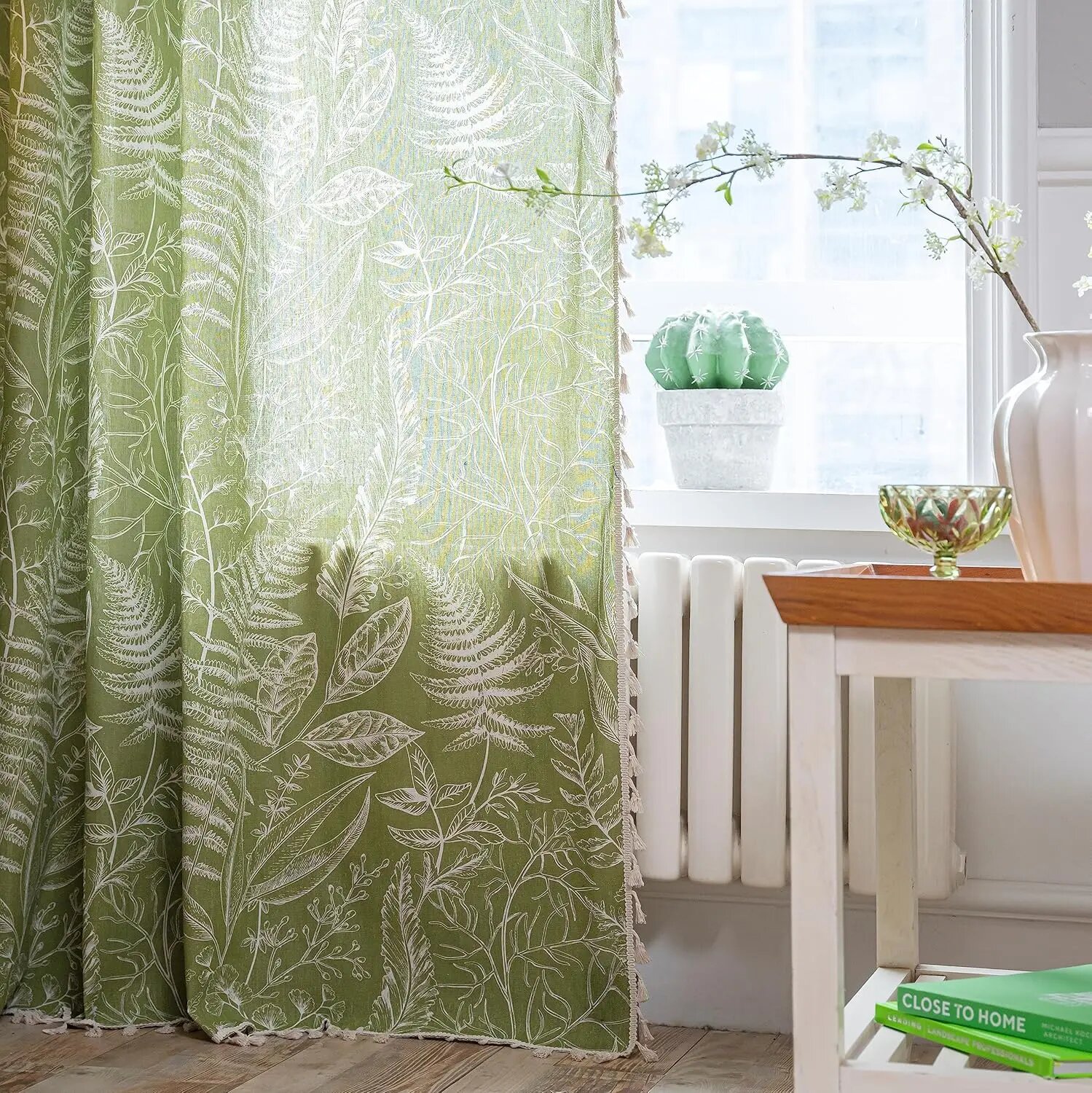 Шторы с листьями для гостиной полупрозрачные шторы в стиле бохо зеленые деревенские шторы с кисточками для фермерского дома карманные оконные шторы 1 панель Green Tropical Leave W150xH260cm Rod Pocket