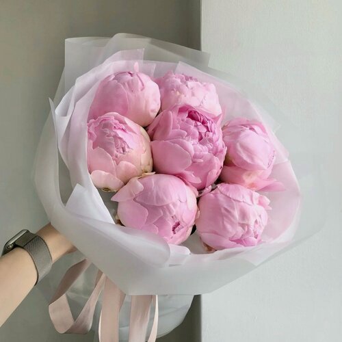 Изображение товара Букет из розовых пионов 7 шт, красивый букет цветов, шикарный, премиум цветы, премиум букет