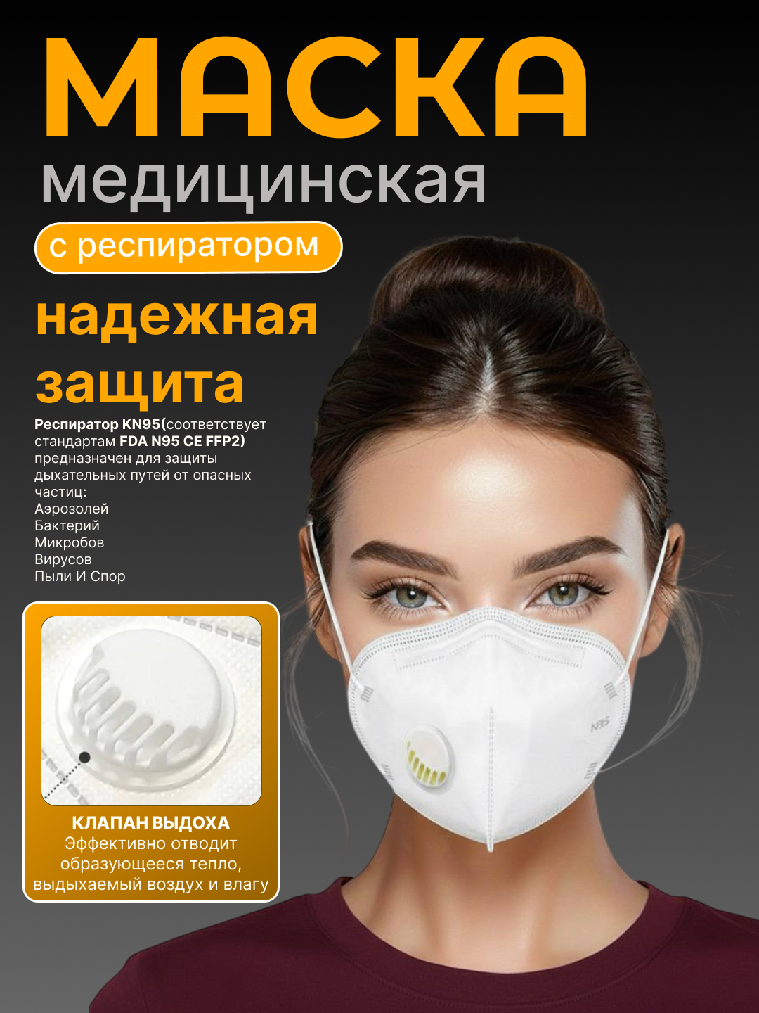 Маска респиратор с клапаном N95, 10 шт Niqob N95 klapanli respirator, 10 dona