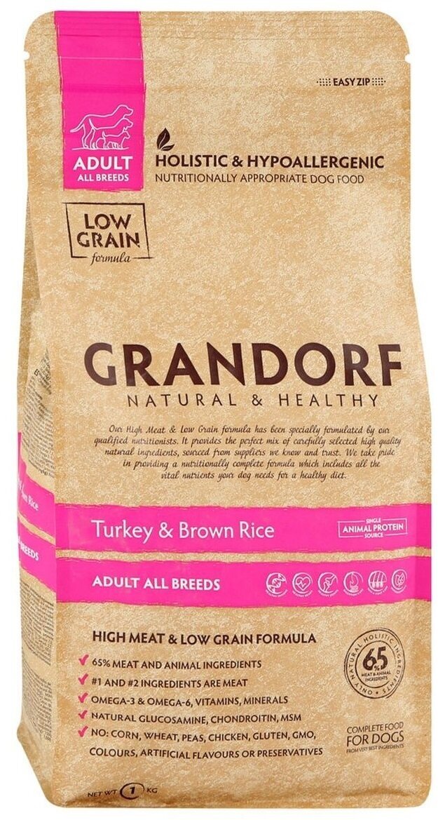фото GRANDORF DOG ADULT ALL BREEDS Сухой корм для собак всех пород Индейка с рисом 1 кг