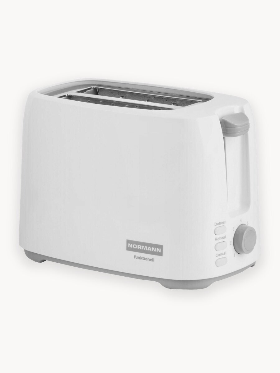 Тостер NORMANN AST-035, белый, 2 ломтика – 7 степеней обжарки, поддон для крошек, функции разморозки и подогрева