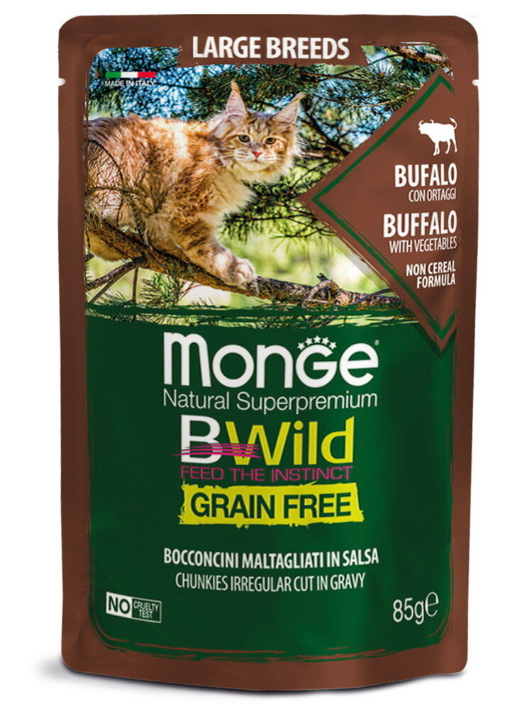 Влажный корм для кошек Monge BWILD Feed the Instinct, с буйволом, с овощами 85 г (кусочки в соусе)