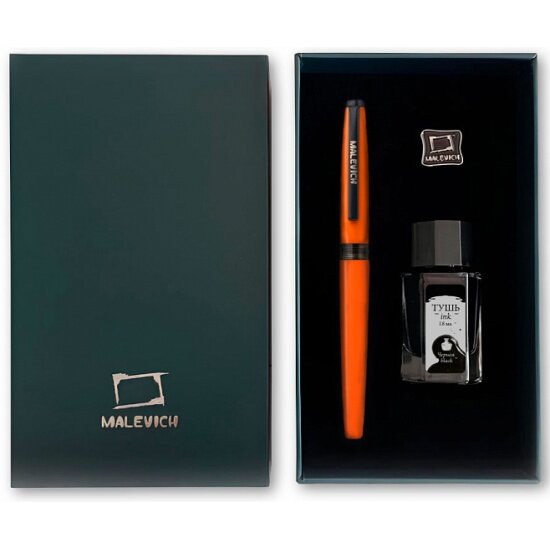Ручка перьевая Малевичъ с конвертером, перо EF 0,4 мм, набор с черной тушью и значком, цвет: мандарин