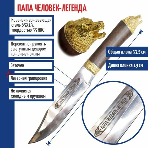 Подарки Нож Волк "Папа человек-легенда" с ножнами (сталь 65х13)
