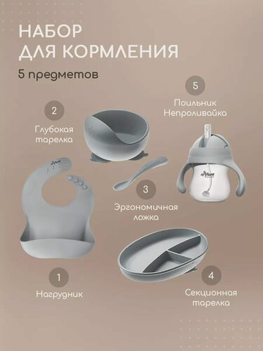 Изображение товара Набор детской посуды для кормления, Miyoumi силиконовый, 5 предметов
