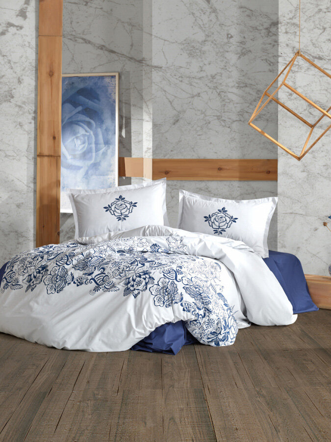 Комплект постельного белья из ранфорса Mandora Navy Blue v-1 (4 предмета) Karven (синий) Евро (наволочки 50x70)