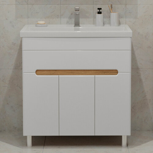 Изображение товара Тумба напольная SanStar Модена 80 с раковиной Фостер 80 (комплект) для ванной комнаты, белая, дуб вотан