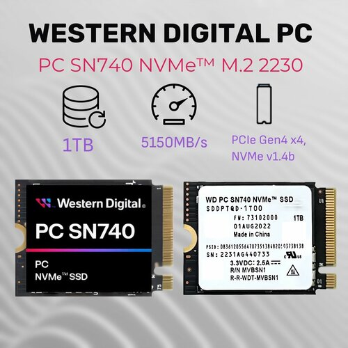 Внутренний SSD диск 1 ТБ PCIe 40 NVME M2 WD SN740 2230 для Steam Deck Surface laptop Rog Ally 14640₽