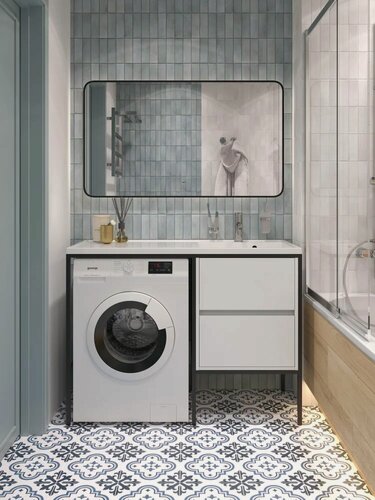 Изображение товара Раковина над стиральной машиной STWORKI Флом 120 Левая с правым крылом, на кронштейне, белая, глянцевая, раковина для ванной из литьевого мрамора, прямоугольная, со скрытым сливом