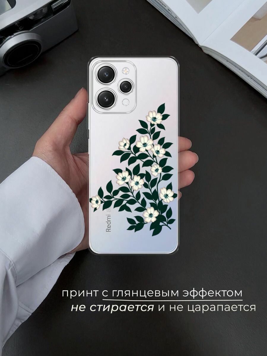 Чехол на Xiaomi Redmi 12 5G / Сяоми Редми 12 5G с принтом "Цветы с черными листьями" — фото 1