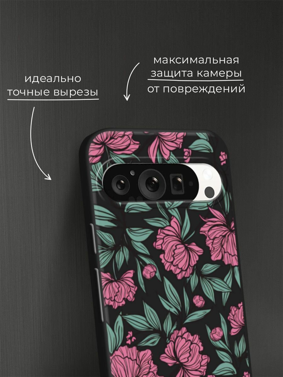 Черный матовый чехол на Google Pixel 9 Pro / Гугл Пиксель 9 Про с принтом "Бутоны пионов и клематис" — фото 1