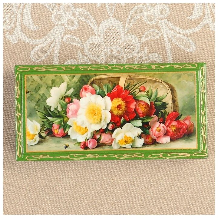 Шкатулка - купюрница «Букет цветов», зелёная, 8,5×17 см, лаковая миниатюра - фотография № 2
