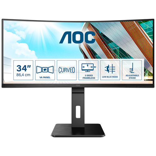 AOC Монитор LCD 34'' [21:9] 3440x1440(UWQHD) VA, Curved, nonGLARE, 300cd/m2, H178°/V178°, 3000:1, 50M:1, 16.7M, 1ms, VGA, 2xHDMI, DP, USB-Hub, Height adj, Tilt, Swivel, Speakers, 3Y, Black