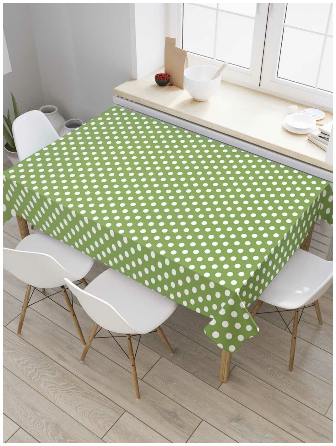 Скатерть прямоугольная JoyArty на кухонный стол "Горошек на зеленом фоне" из оксфорда, 120x145 см