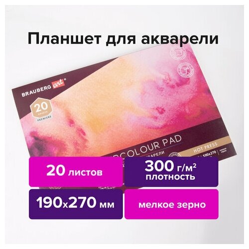 Папка для акварели/планшет, 300 г/м2, 190х270 мм, склейка, мелкое зерно, 20 л, BRAUBERG ART PREMIERE, 113246 (арт. 113246)