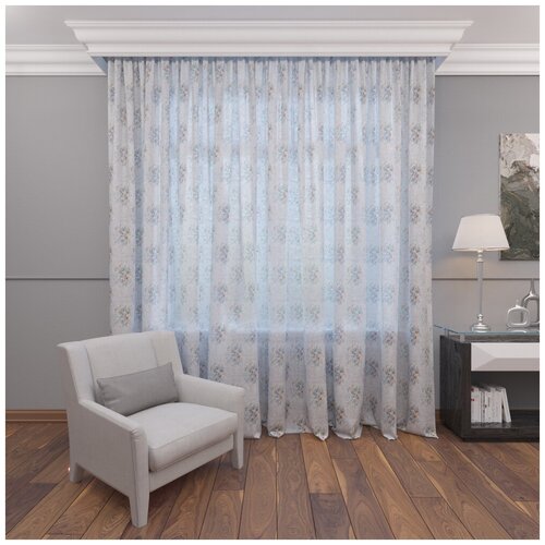 Тюль батист печать Магнолия размер 500х270 цвет серый на шторной ленте