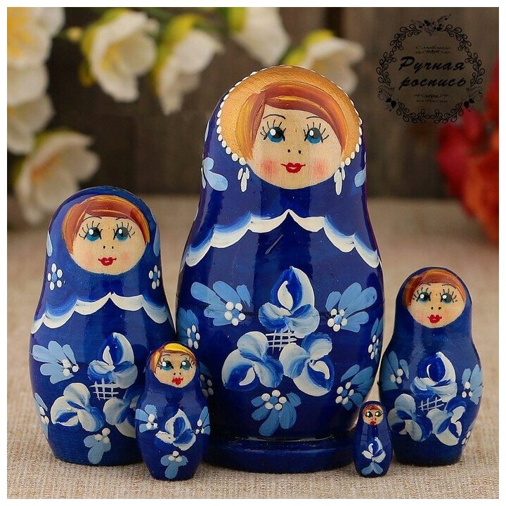 Матрёшка «Гжель», синее платье, 5 кукольная, 10 см 3371602