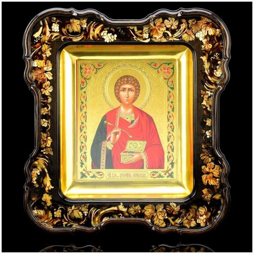 Эксклюзивная икона с инкрустацией из янтаря "Святой Пантелеймон" 38 х 42 см
